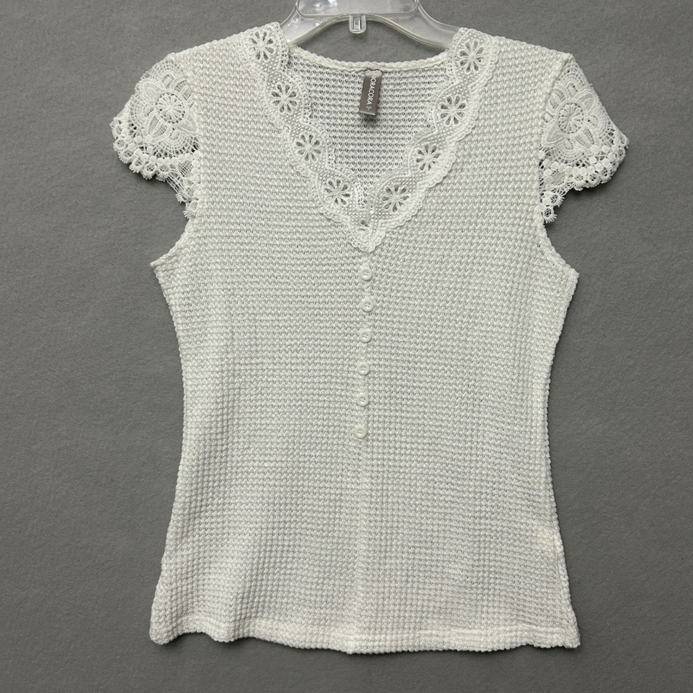 Noracora Top Women's S White Short Sleeve Boho Fairy Coquette Lace Waffle Knit